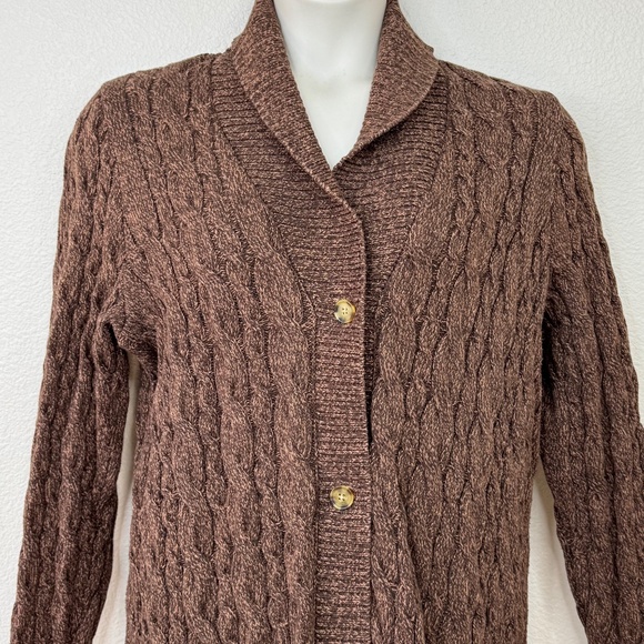 🧣Lands End Drifter Womens Brown Button Cable Knit Cardigan Sweater Large 14 16 - Picture 2 of 12